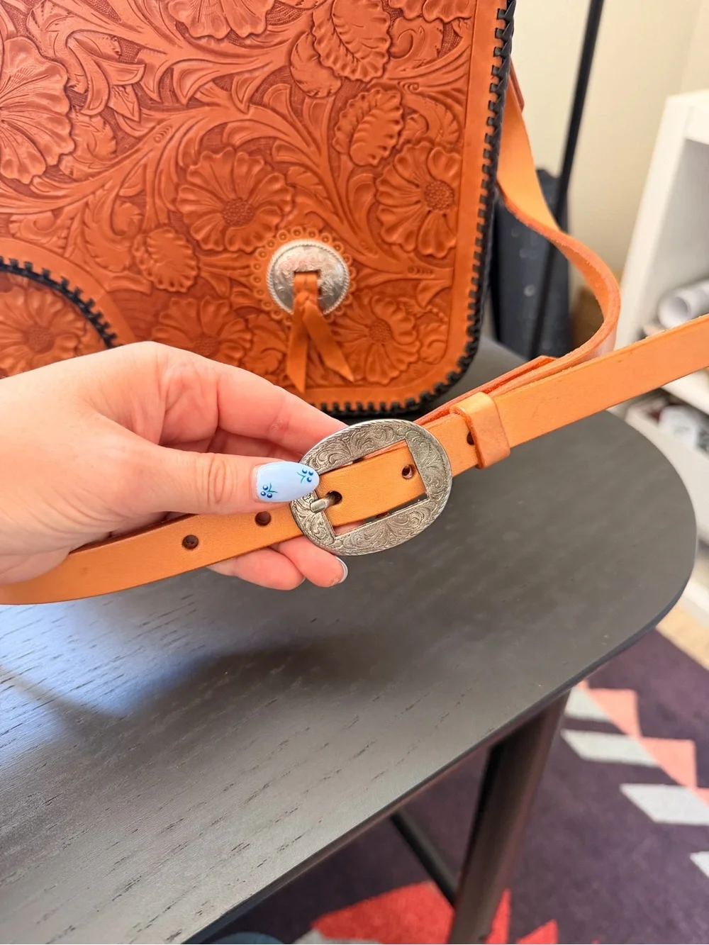 Nic + Maude Hand-Tooled Floral Tan Leather Crossbody Bag with Concho Accent - Picture 2 of 7